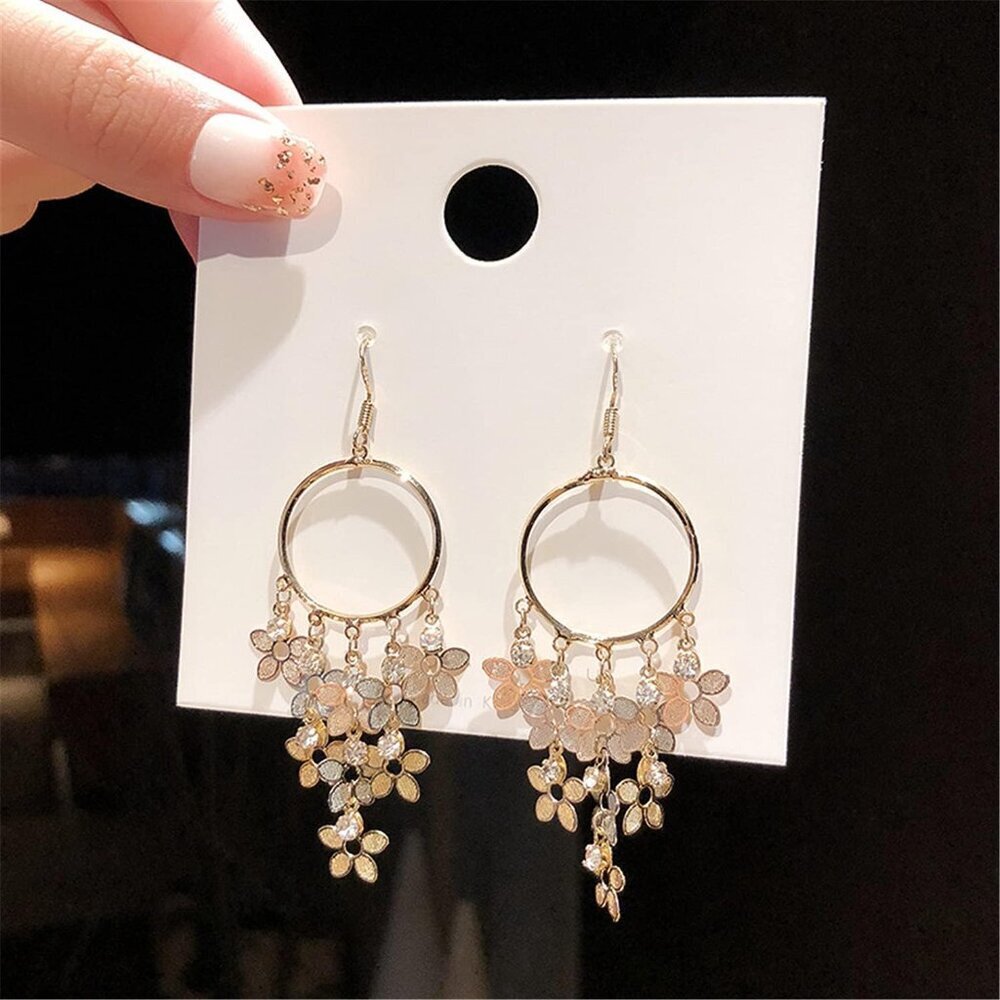 Women's Bohemian Long Colorful Chandelier Tassel Flower Dangle Drop Hoop Earring - Picture 8 of 9